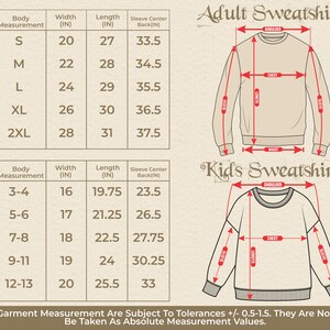 Peut inclure: Tableau des tailles pour sweat-shirts adultes et enfants. Le tableau indique les mesures en pouces pour la largeur, la longueur et le centre du dos de la manche. Le tableau comprend les tailles S, M, L, XL, 2XL pour les adultes et les tailles 3-4, 5-6, 7-8, 9-11, 12-13 pour les enfants.