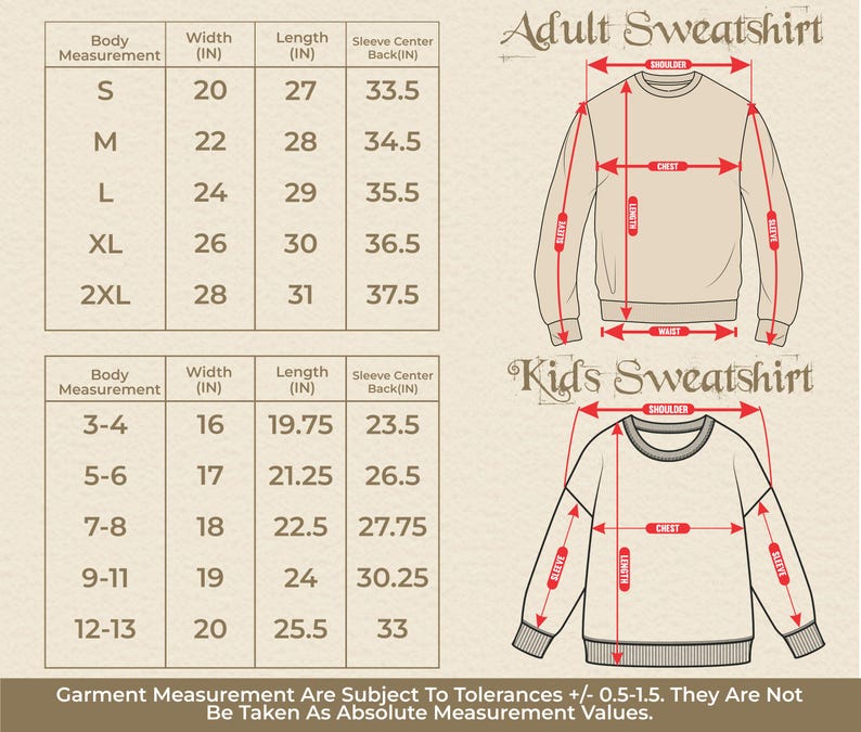 Peut inclure: Tableau des tailles pour sweat-shirts adultes et enfants. Le tableau indique les mesures en pouces pour la largeur, la longueur et le centre du dos de la manche. Le tableau comprend les tailles S, M, L, XL, 2XL pour les adultes et les tailles 3-4, 5-6, 7-8, 9-11, 12-13 pour les enfants.