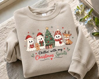 Chillin with my Christmas Spirits Sweatshirt, Cute Christmas Ghosts Crewneck, Festive Christmas vibes Sweater, Merry Christmas Ghost Gifts