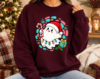 Christmas Ghost Sweatshirt, Cute Santa Ghost Crewneck, Coquette Bow Ghost Jumper, Santa Ghost Holiday Sweater, Festive Winter Gifts For Her
