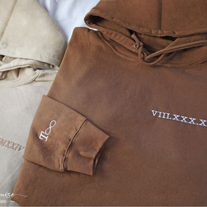 Roman Numeral Embroidered Hoodies, Custom Anniversary Date Jumpers, Personalised Initials With Heart Sleeve Hoodies, Gifts for Boyfriend