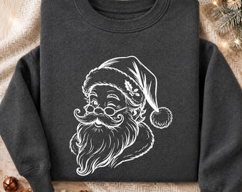 Hand Drawn Santa Claus Sweatshirt, Retro Santa with Christmas Hat Crewneck, Santa Xmas Holiday Jumper, Festive Sweater, Xmas Gifts for Her