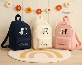 Mochila de dinosaurio personalizada para niños, nombre personalizado con iniciales, bonita mochila de dinosaurio, mochila escolar para niños, regalo de vuelta al cole para niños.
