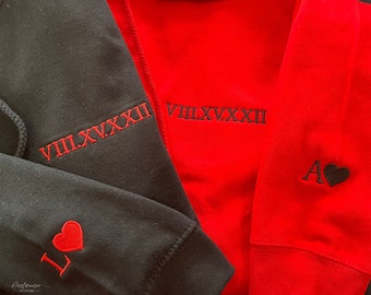 Anniversary Matching Roman Numeral Hoodies, Custom Date Embroidered With Initial Couple Hoody, Wife Birthday Jumper, GF BF Relationship Gift