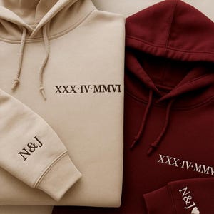 Roman Numeral Anniversary Hoodies, Embroidered Custom Date Matching Couple Hoody, Initial Heart Mr and Mrs Engagement Outfits, GF BF Jumper