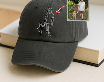 Personalised Dad Sketch Portrait Hats, Custom Embroidered Photo Outline Caps for Family, Father's Day Gift, Portrait Dad Hats, Best Dad Gift
