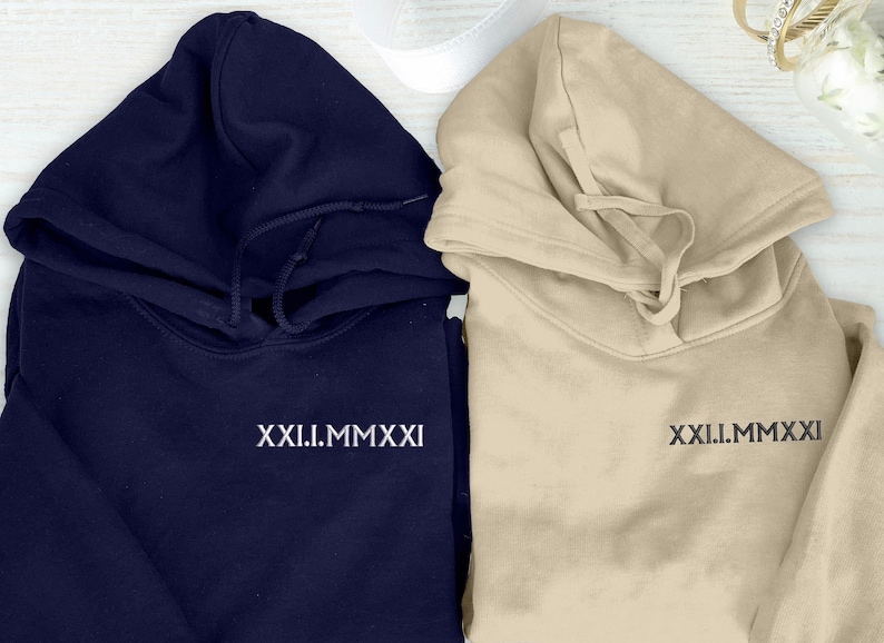 Roman Numeral Embroidered Matching Hoodie, Custom Anniversary Date Couple Hoodies, Custom Initials With Heart Sleeve Jumper, Boyfriend Gift image 5