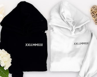 Embroidered Roman Numeral Matching Hoodie, Personalised Date Anniversary Hoodies, Custom Initial With Heart Long Sleeve Jumper, Couple Gift