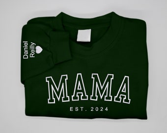 Sudadera de mamá bordada personalizada, nombre de hijo personalizado en el suéter de manga, primer regalo del día de las madres para mamá jumper, primer regalo de baby shower