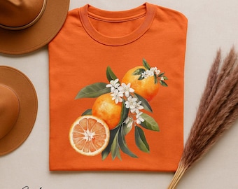 Camiseta vintage com frutas laranja, camisetas retrô com frutas cítricas, camisetas com estética de verão para ela, camisetas com frutas cottagecore, presentes fofos de flor de laranjeira