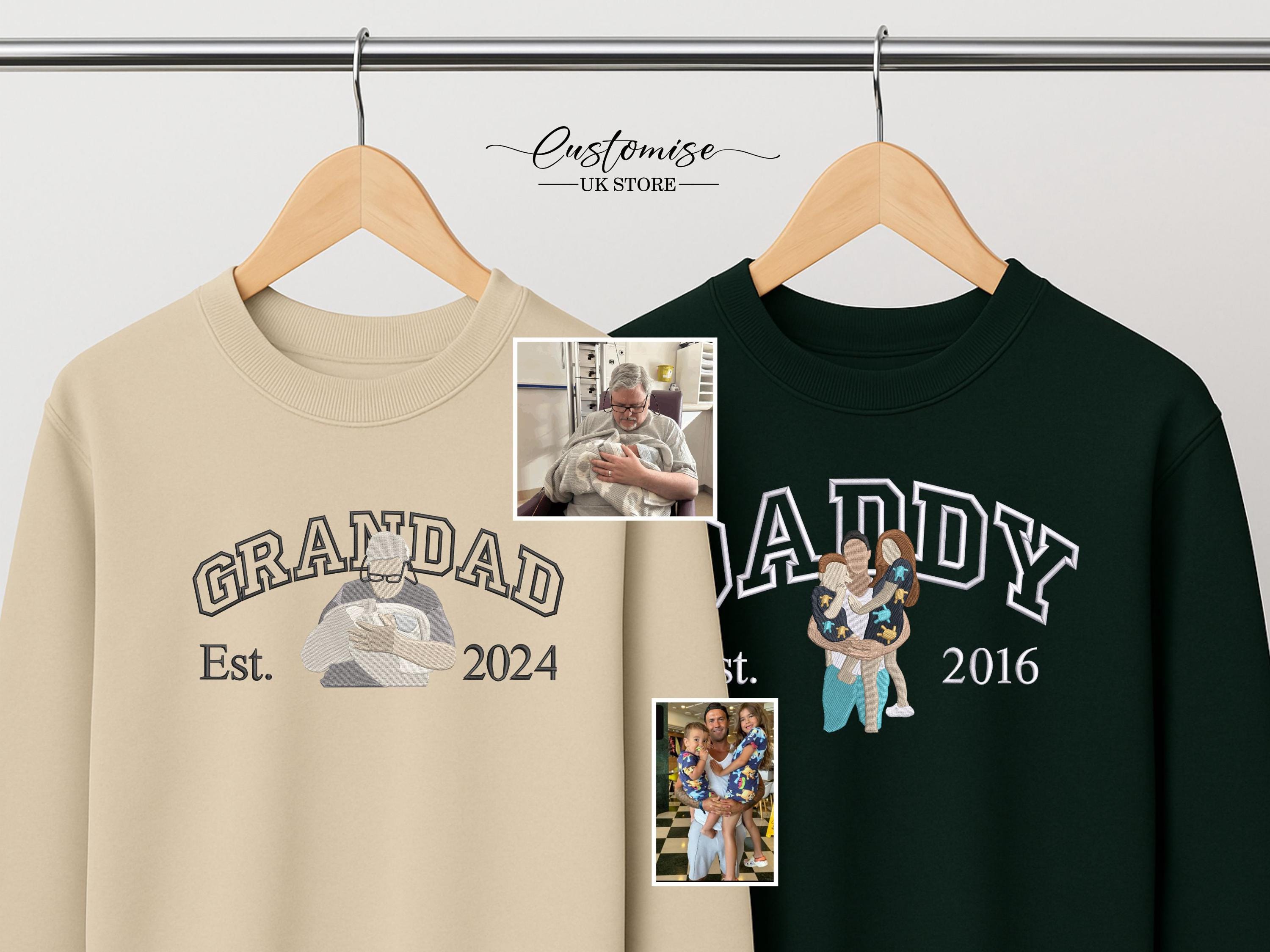 Embroidered Dad Portraits Sweatshirt, Personalised Kids Names on Sleeve Jumper, Father's Day Gift, Dad Family Portrait Sweater, New Dad Gift