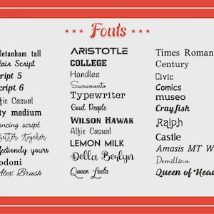 May include: A graphic with a red border displaying a list of fonts. The word "Fonts" is at the top. Font styles include "Chletanham tall", "Flair Script", "Times Roman", and others. The background is light grey.