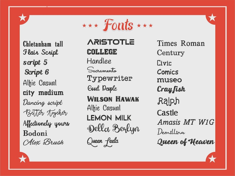 May include: A graphic with a red border displaying a list of fonts. The word "Fonts" is at the top. Font styles include "Chletanham tall", "Flair Script", "Times Roman", and others. The background is light grey.