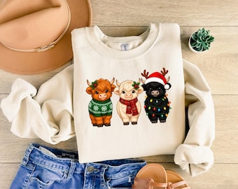 Highland Cow Christmas Sweatshirt, Cute Cow Trio Christmas Sweater, Farm Animal Festive Xmas Jumper, Funny Christmas Holiday, Cow Lover Gift