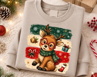 Christmas Reindeer Sweatshirt, Heart Glasses Reindeer Sweater, Vintage Deer Xmas Holiday Jumper, Stripped Christmas Sweater, Festive Outfits