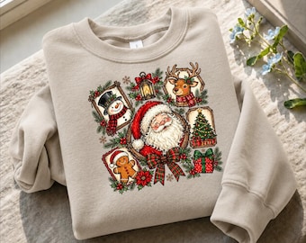 Vintage Christmas Portraits Sweatshirt, Retro Framed Holiday Character Sweater, Cute Santa Christmas Jumper, Festive Xmas Eve Party Gifts