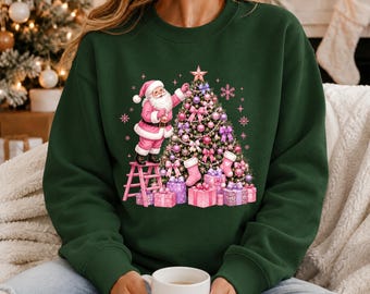 Coquette Christmas Tree Sweatshirt, Pink Santa Claus Printed Sweater, Retro Xmas Holiday Crewneck, Girly Christmas Jumper, Christmas Gifts