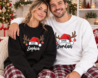 Custom Family Christmas Sweatshirt, Personalised Name Santa Hat Sweater, Matching Family Reindeer 2026 Jumper, Xmas Holiday Eve Party Gift