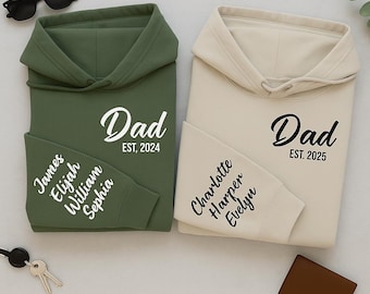 Papa Hoodie mit den Namen der Kinder auf dem Ärmel, personalisierte Vatertags-Hoodies, neuer Papa est Jahr Pullover, Vatertagsgeschenke, Papa Geburtstagsgeschenke