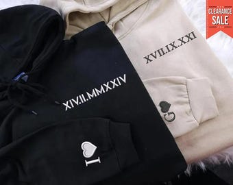 Embroidered Couple Matching Hoodie, Custom Roman Numeral Valentines Day Hoody, Personalised Initial Jumper, Relationship Gifts for Her