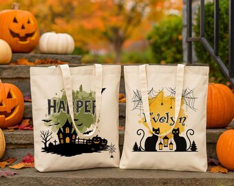 Personalized Halloween Tote Bag, Custom Trick‑or‑Treat Totes, Pumpkin & Ghost Designs Bag, Kids Candy Treat Tote Bags, Spooky Halloween Gift