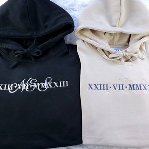 Custom Matching Couple Roman Numeral Hoodie, Embroidered Memorial Date Initial Anniversary Jumper, Name With Date Unisex Outfit, Gf BF Gifts