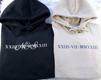 Custom Matching Couple Roman Numeral Hoodie, Embroidered Memorial Date Initial Anniversary Jumper, Name With Date Unisex Outfit, Gf BF Gifts