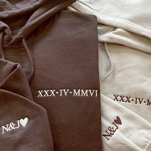 Roman Numeral Embroidered Matching Hoodie, Custom Anniversary Date Couple Hoodies, Custom Initials With Heart Sleeve Jumper, Boyfriend Gift image 1