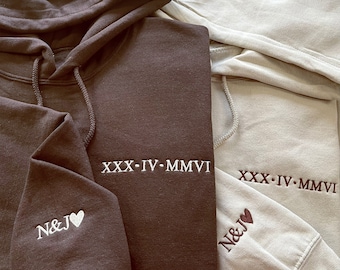 Roman Numeral Embroidered Matching Hoodie, Custom Anniversary Date Couple Hoodies, Custom Initials With Heart Sleeve Jumper, Boyfriend Gift