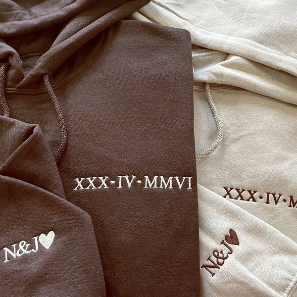 Roman Numeral Embroidered Matching Hoodie, Custom Anniversary Date Couple Hoodies, Custom Initials With Heart Sleeve Jumper, Boyfriend Gift