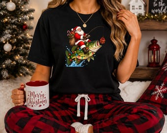 Fishing Santa Christmas Shirt, Fisherman Christmas Holiday Tee, Festive Fish Lover Gifts, Secret Santa Tops, Xmas Eve Party Outfits