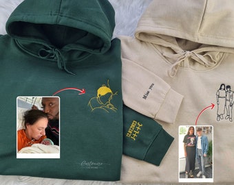 Custom Photo Embroidered Hoodie, Personalised Couple Sketch from Photo Hoodie, Anniversary Couple Matching Jumper, Anniversary Gift For Him