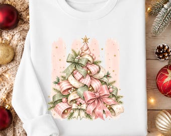 Coquette Bow Christmas Sweater, Pink Ribbon Christmas Tree Sweatshirt, Striped Christmas Tree Jumper, Ornaments Sweater, Christmas Gifts