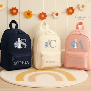 Sac à dos avec prénom personnalisé pour enfants, cartable avec initiale lapin personnalisé pour enfants, cadeaux de rentrée, sac à dos avec lapin pour tout-petits, cartables pour enfants