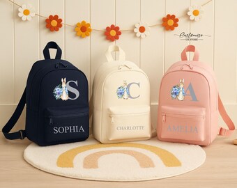 Mochila infantil con nombre personalizado, mochila escolar con inicial de conejito personalizada, regalos para la vuelta al cole, mochila de conejito para niños pequeños, mochilas escolares para niños