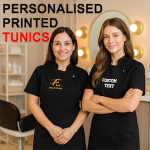 Túnica de beleza feminina com logotipo ou texto personalizado, uniforme de spa para cabeleireiro, maquiador, barbeiro, esteticista, presentes de trabalho para ela