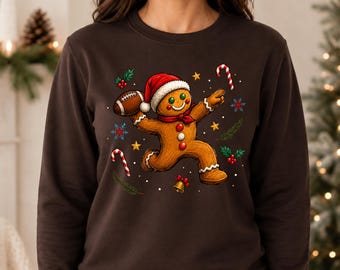 Football Christmas Sweatshirt, Gingerbread Sports Christmas Crewneck, Sports Fan Holiday Jumper, Matching Family Tops, Football Lover Gifts