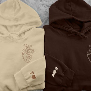 Couple Matching Heart Hoodie, Anniversary Gift For Him, Embroidered Custom Initial Hoodies, Personalised Name Sleeve Anatomical Heart Top