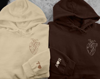 Couple Matching Heart Hoodie, Anniversary Gift For Him, Embroidered Custom Initial Hoodies, Personalised Name Sleeve Anatomical Heart Top