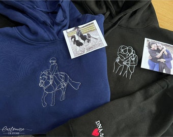 Custom Photo Outline Portrait Hoodie, Embroidered Faceless Line Art Sketch Hoody, Personalised Couple Matching Jumper, Birthday Gift for Him