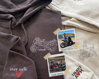 Sudadera con capucha bordada con retrato de moto, sudaderas con capucha personalizadas con el contorno de la foto de un motorista, jersey a juego para amantes de las motos, nombre personalizado en la manga, regalo para él.