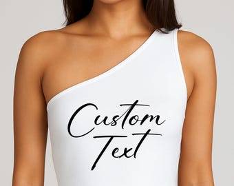 Aangepaste tekst crop top vrouwen één schouder, gepersonaliseerde tanktop met je eigen logo, tops met fotoprint voor haar, outfit vrijgezellenfeest, gymtops