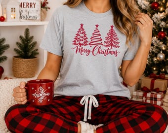 Merry Christmas Glitter Effect Shirt, Merry Christmas Tree Printed Shirt, Santa Hat Reindeer Tops, Festive Xmas Holiday Tops, Christmas Gift
