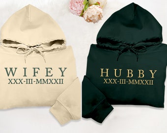 Custom Roman Numeral Wifey Hoodie, Embroidered Couple Wifey Hubby Matching Hoody, Personalised Wedding Date Jumper, Couple Anniversary Tops