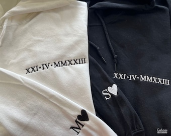Roman Numeral Embroidered Matching Hoodie, Custom Anniversary Date Couple Hoodies, Custom Initials With Heart Sleeve Jumper, Boyfriend Gift