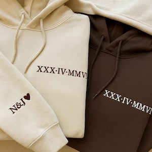 Roman Numeral Embroidered Hoodies, Matching Couple Hooded Sweater, Personalized Anniversary Gift, Custom wedding Date Gifts, Newlywed Gifts