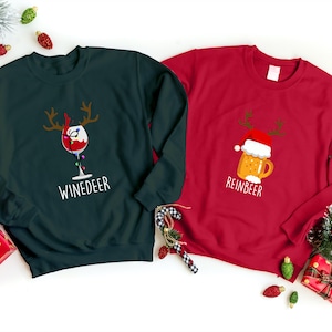 Funny Couple Christmas Sweater, Winedeer Reinbeer Printed Sweatshirts, Christmas Jumper, Unisex Crewnecks, Reindeer Sweatshirts, Xmas Gifts