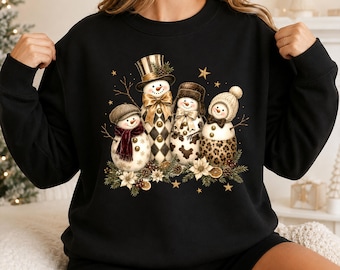 Leopard Christmas Snowman Sweatshirt, Winter Snowman Trio Sweater, Aesthetic Floral Xmas Jumper, Rustic Holiday Sweater, Festive Outfits
