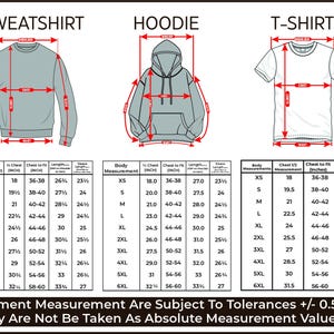 May include: Diagram showing garment measurements for sweatshirts, hoodies, and t-shirts. Includes body measurements, chest, chest to fit, length, and sleeve length in inches. Text states measurements are subject to tolerances.