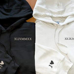 Couple Matching Roman Numeral Hoodie, Custom Date Embroidered Jumper, Custom Initial Heart On Sleeve, Anniversary Birthday Bachelorette Top